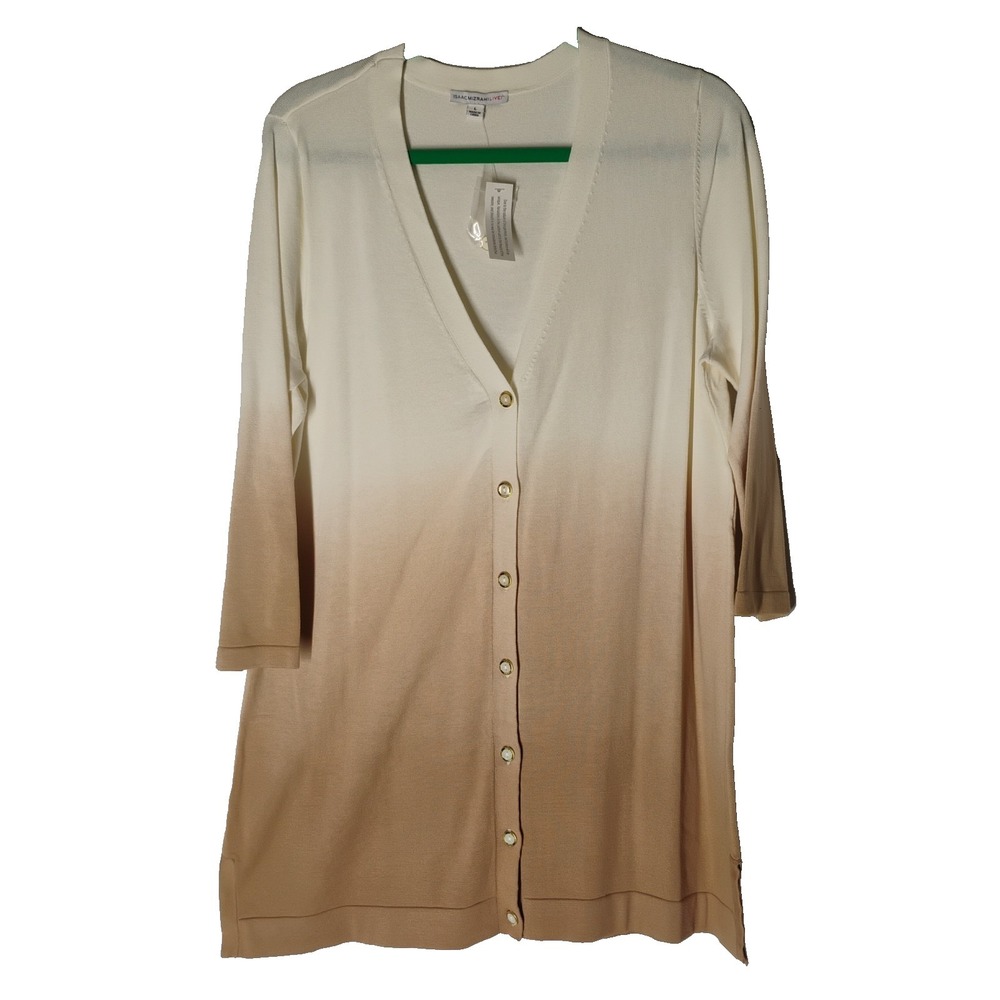 NWT ISAAC MIZRAHI Womens LARGE‎ Dip Dye Boyfriend CARDIGAN/SWEATER TAN/IVORY